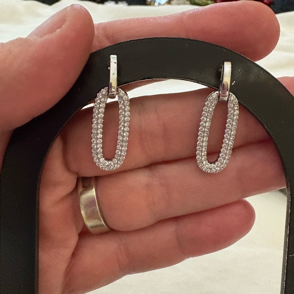 Sterling Two Row CZ Open Oval Dangle Earrings CI 925